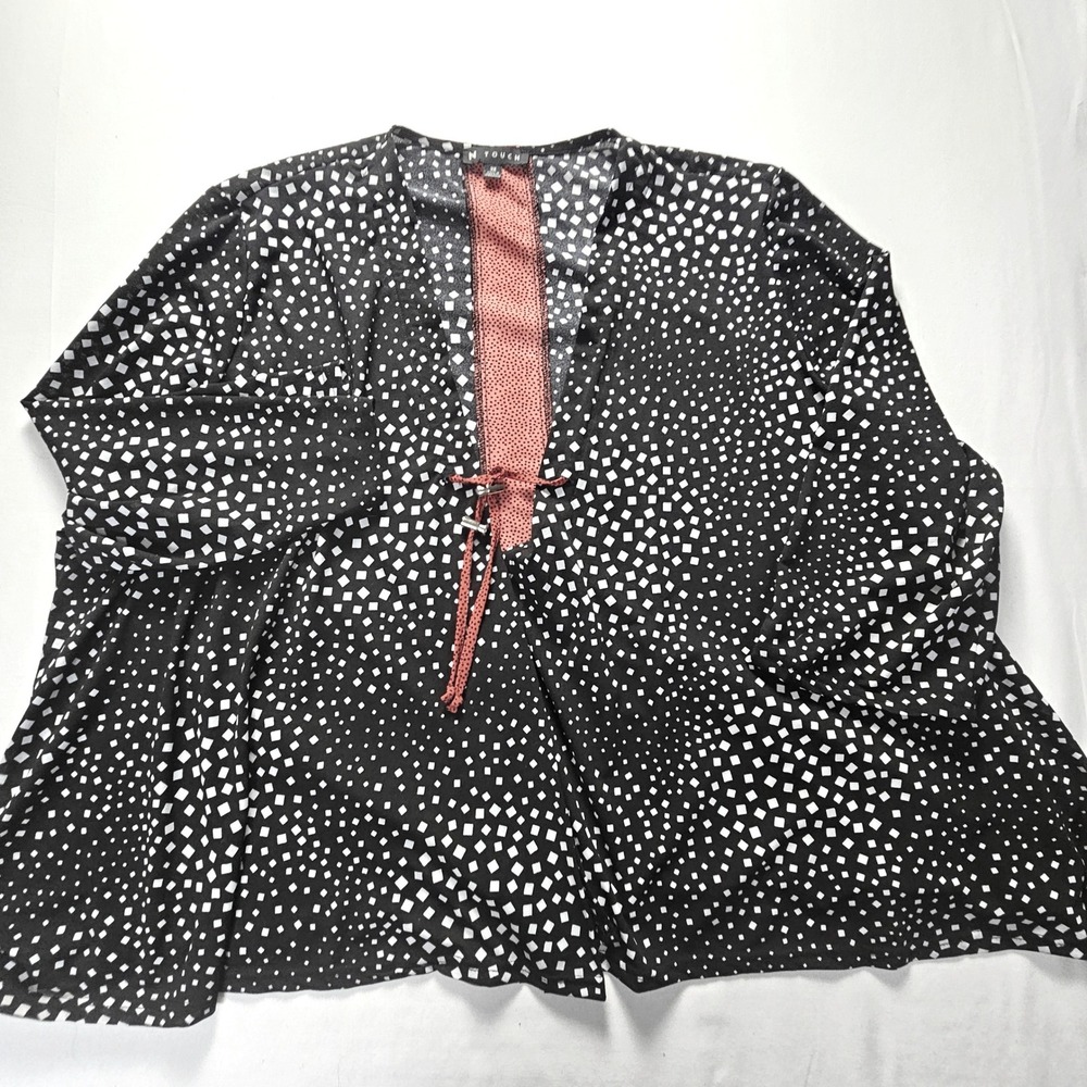 N Touch Womens 3X Black White Geometric Square Print Open Tie Front Cardigan